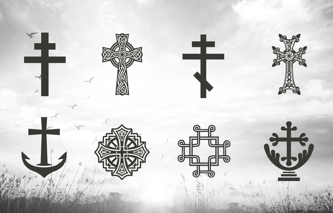 8 different Christian crosses on display