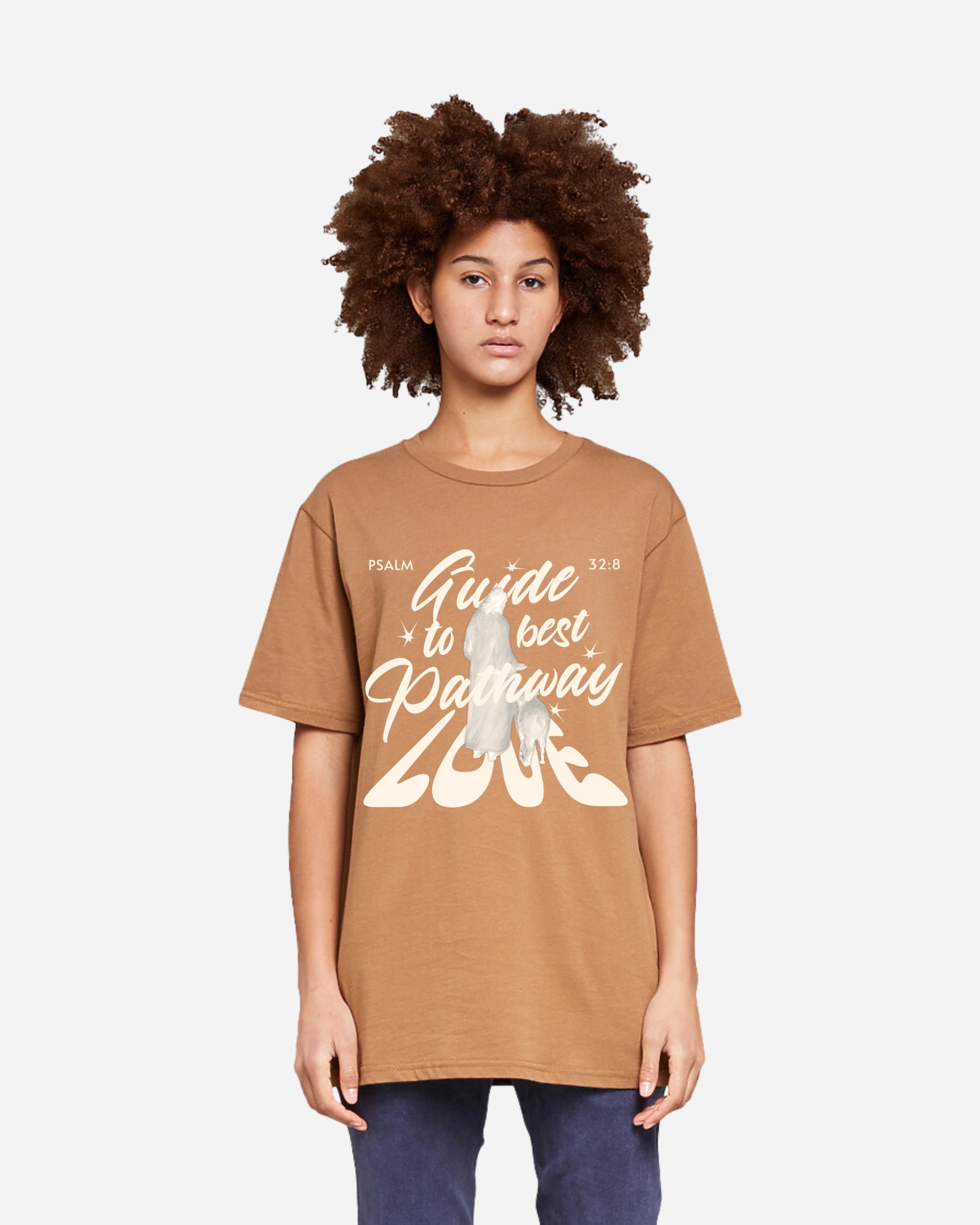 Beige colour psalm 32 shirt female model front