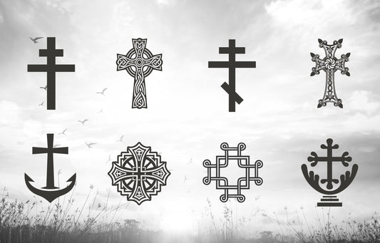8 different Christian crosses on display 