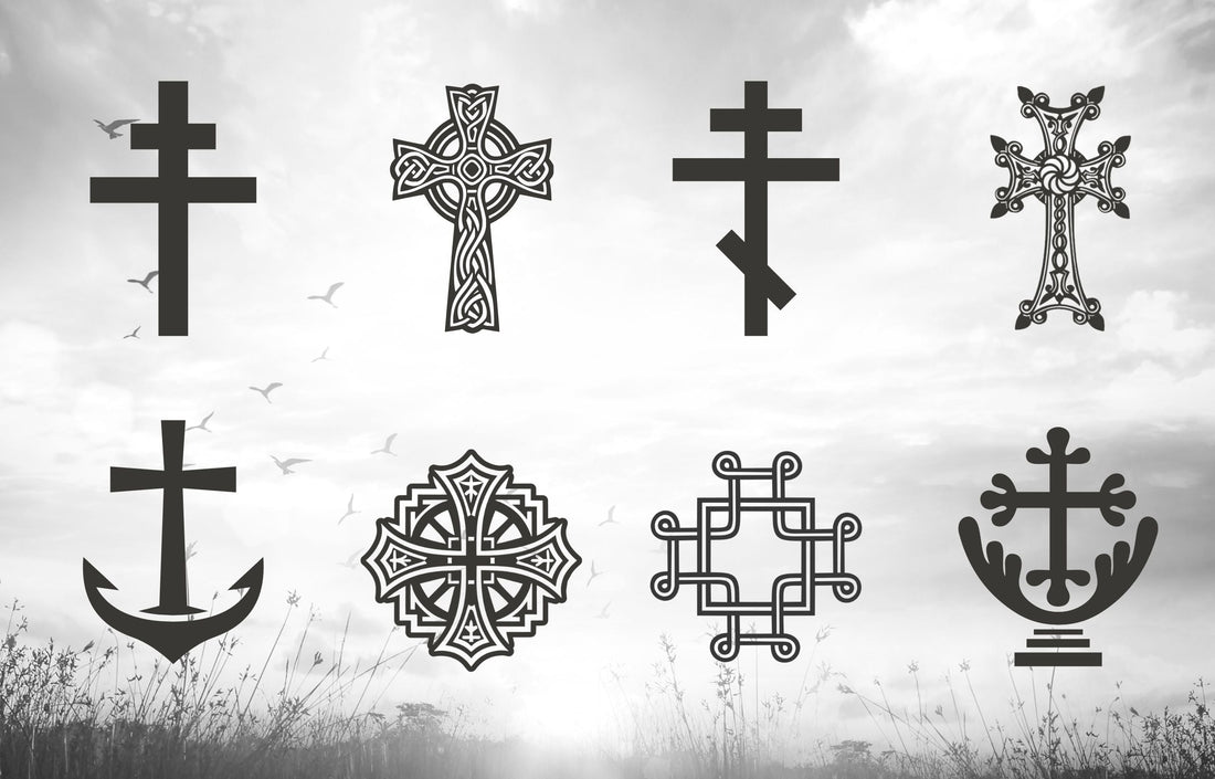 8 different Christian crosses on display 