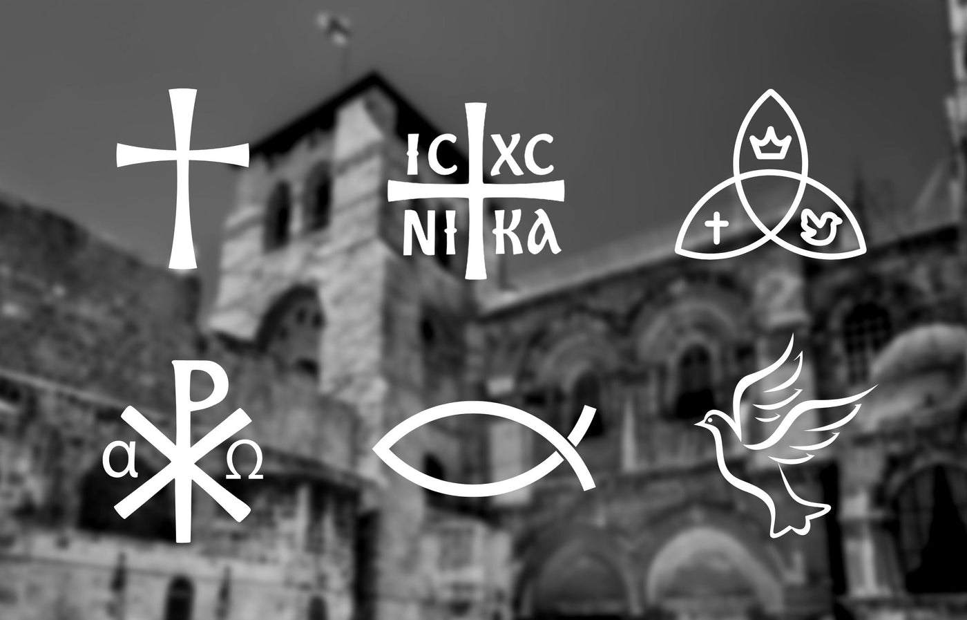 Six Christian symbols displayed in front of The Holy Sepulchre