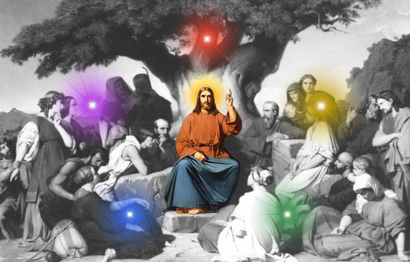 Jesus and 5 colors around him