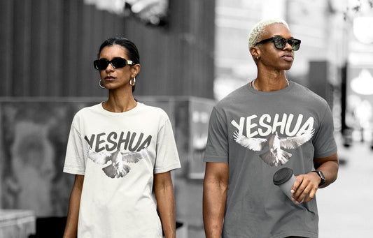 man and women on a street wearing fashion Christian shirts 