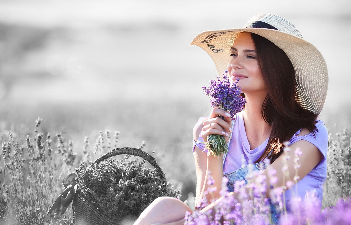 Girl in flower field dreaming about love