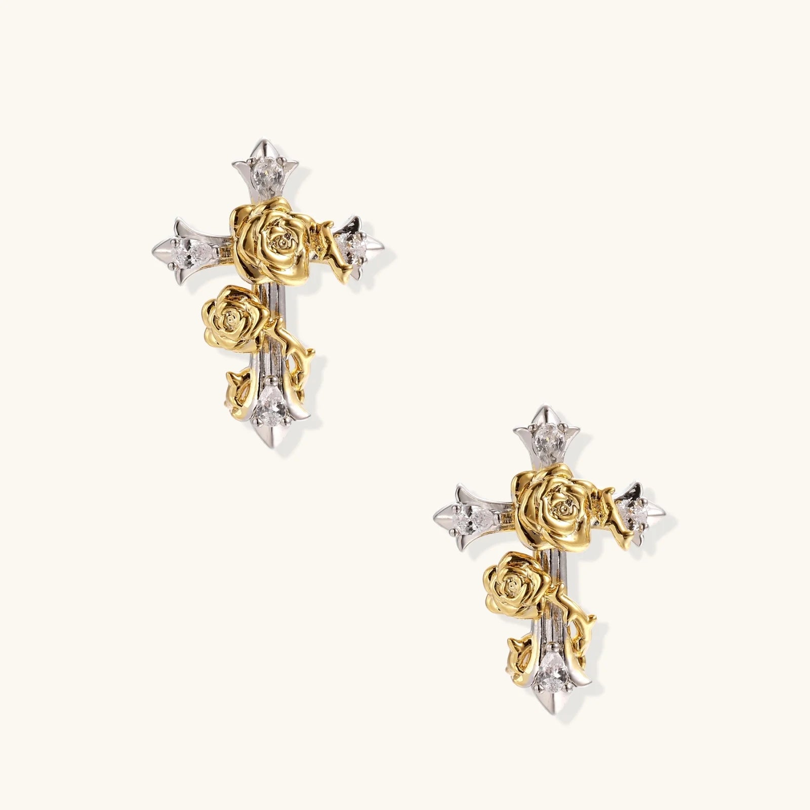 Two-tone cross earrings with gold roses and clear crystals on silver base, gothic romantic style
